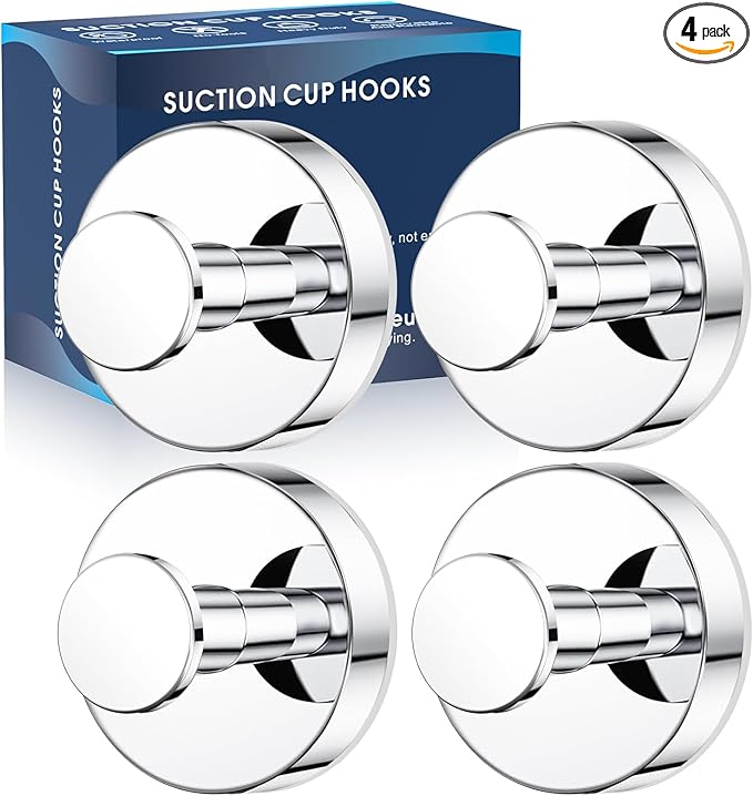 Suction Cup Hooks for Shower,Removable Shower Towel Suction Hooks for Bathroom Wall,Kitchen,Glass,Mirror,Tile to Hang Robes,Loofah-Chrome(4-Pack)