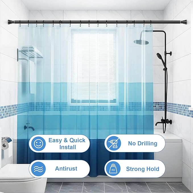 Shower Curtain Rod 45-77 Inch Black Shower Tension Rod Adjustable Curtain Rod No Drilling Tension Curtain Shower Rods for Bathroom Windows
