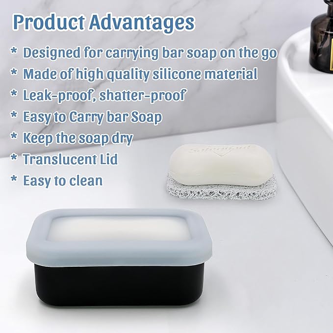 OZNER Leak Proof Travel Soap Container (Black) - Silicone Soap Case with Drainage Pad, Compact Shatterproof Dish for Travel, Camping, Gym, Dorm, Bathroom Organizer