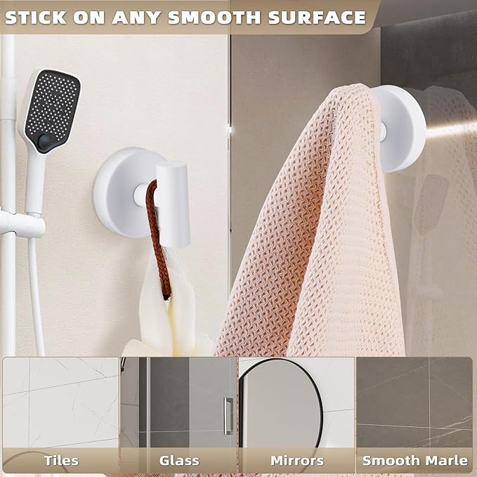 Suction Cup Hooks for Shower - Bathroom Reusable Hooks for Towels, Robes & Loofah - No-Drill Mounting on Kitchen,Walls,Metal,Glass,Mirrors,Tile & Smooth Non-Porous Surfaces (2, White)