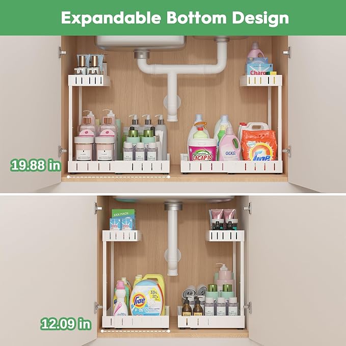REALINN Under Sink Organizer, 2 Tier Expandable Under Cabinet Organizer, Height Adjustable Pull Out Storage for Kitchen Bathroom Laundry, White, 2 Pack