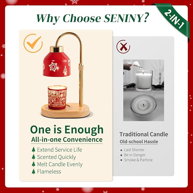 Seniny Christmas Candle Warmer Lamp with Timer, Adjustable Height Dimmable Lamp Candle Warmer for Jar Candles, Electric Warming Light, Home Decor Flameless Wax Melter Lamps, Birthday Gifts for Women