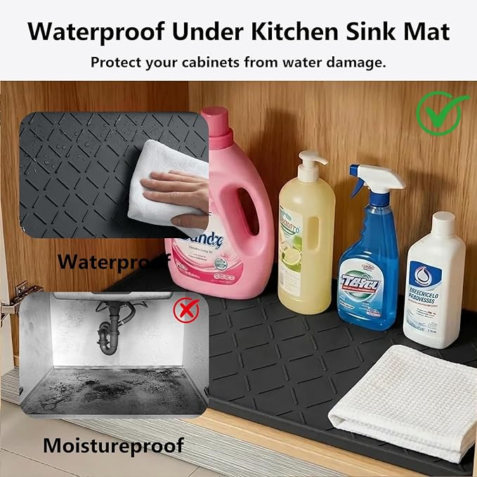 Mateeylife Under Sink Mats for Kitchen Waterproof 22"X19", Undersink Protectors，Silicone Mat Cabinet Liner, Under Sink Organizer for Bathroom and Kitchen，Boot Tray Pet Food Mat, Classic Black