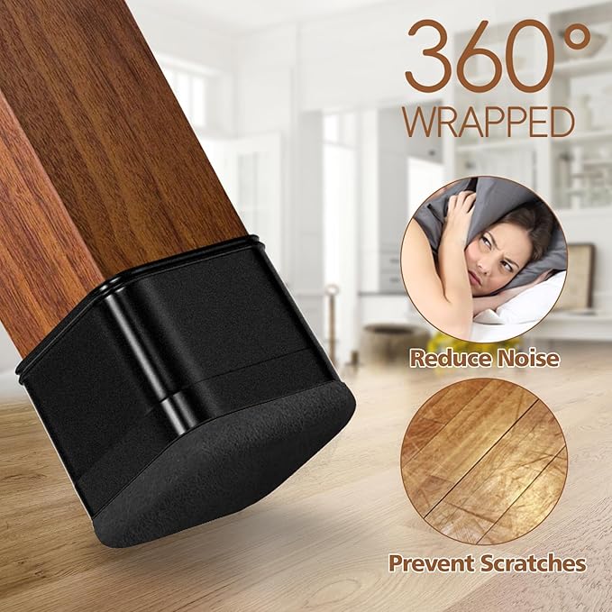 28Pcs Square Chair Leg Floor Protectors with Wrapped Felt Bottom, Silicone Chair Leg Protectors for Hardwood Floors, Chair Legs Cover Prevents Scratches & Reduce Noise (Black S Fit 0.87"-1.10")