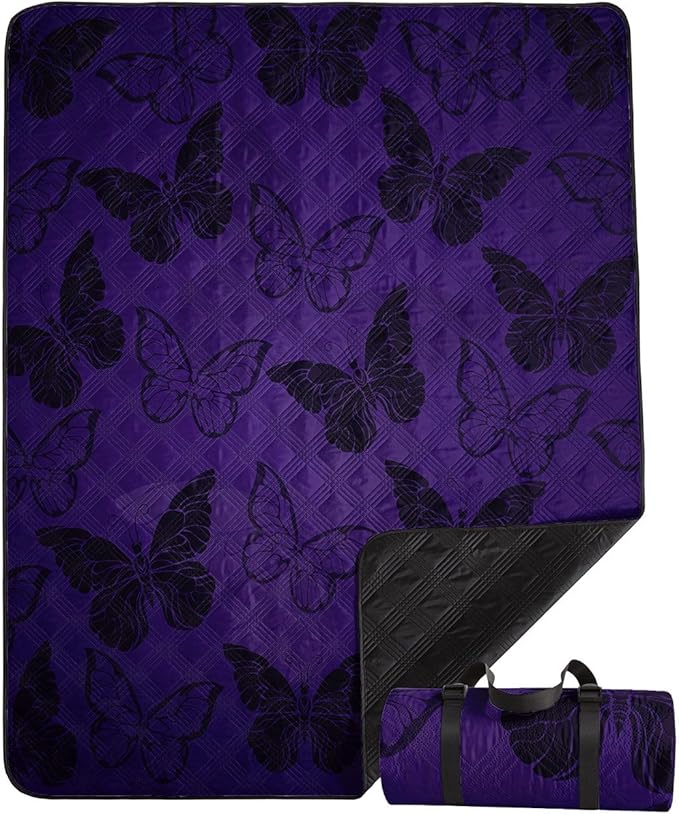 Outdoor Picnic Blanket Portable Ultrasonic Waterproof Picnic Cartoon Black Butterfly Printed Camping Beach Mat for Sand and Wet Grass Hiking (Black Butterfly L