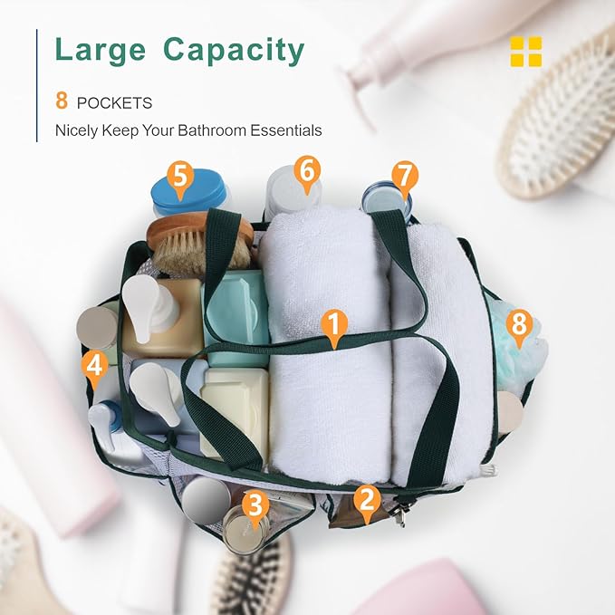 F-color Portable Shower Caddy - Mesh Shower Bag Basket Tote for College Dorm Room Essentials Bathroom Gym Camp Quick Dry for Women Men with S Hook, Green Pineapple