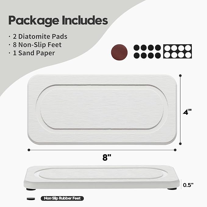 Homdiva 2Pack Water Absorbing Stone Tray for Sink, Diatomite Drying Coasters for Kitchen & Bathroom Counter, Kitchen Soap Dish Makeup Caddy, Dispenser Sponge Holder Space Organizer, White - 8"x 3.8"