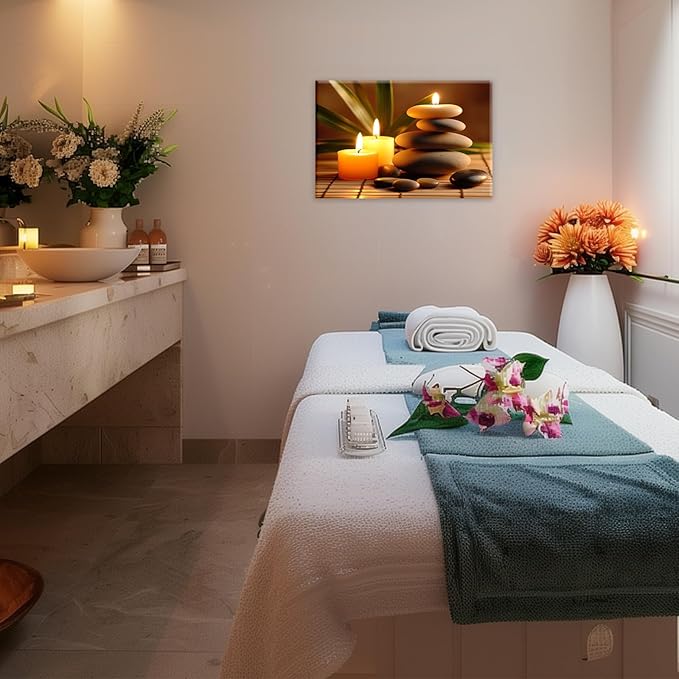 Zen Canvas Wall Art Candles Stones Pictures Print Spa Serene Still Life Painting Meditation Framed Artwork for Spa Yoga Room Bathroom Decor(Artwork-1,20"x30")
