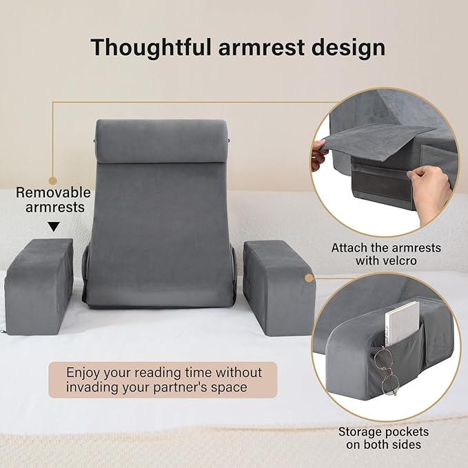 ENITYA Reading Pillow for Sitting in Bed Adult, 19" Back Support Pillow for Bed Sitting up, Backrest Cushion for Reclining,Gaming,Resting,Watching TV in Couch or Floor, Wedge with Arms, Medium(Grey)