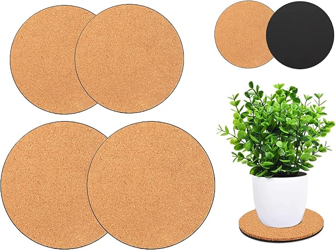 Venyat 4 Pieces 2 Sizes Cork Plant Coasters, 4/6 Inch Cork Plant Mats, Cork Coaster for Planters, Plant Coasters for House Plants Indoors (Nude & Black)