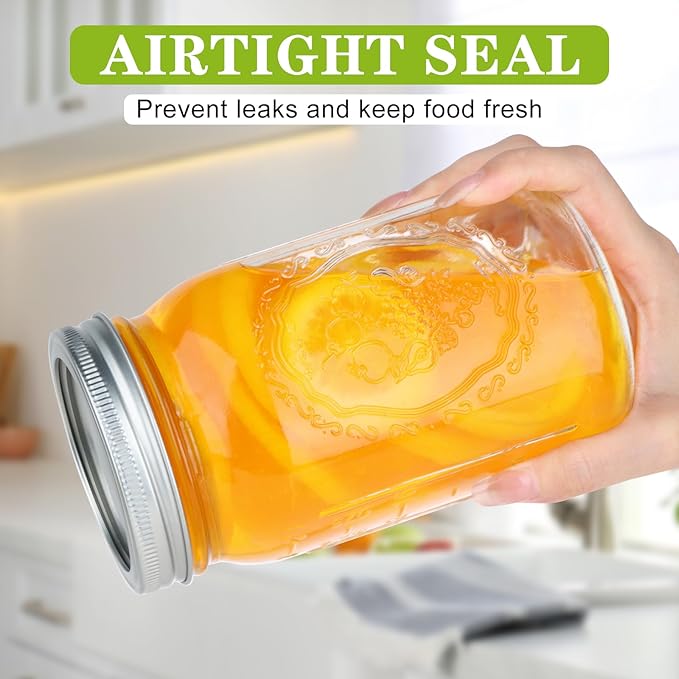 Wide Mouth Mason Jars 32 oz, 6 Pack Quart Canning Jars with Airtight Lids and Bands, Clear Glass Mason Jars for Canning, Pickling, Preserving, Meal Prep