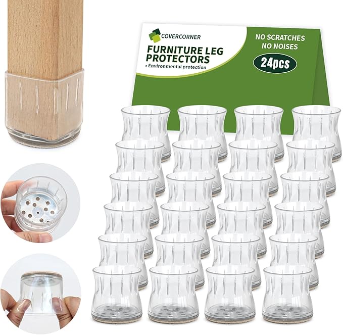 COVERCORNER 24PCS Chair Leg Floor Protectors, Chair Leg Protectors for Hardwood Floors, Furniture Pads for Hardwood Floors, Chair Socks Universal L Clear Fit 1.50"-1.77"