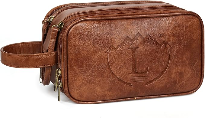 Travel Toiletry Bag for Men,Mens Shaving Bags for Toiletries,Men's Toiletry Travel Bag Leather,Personalized Travel Essentials,Birthday Gifts For Men,Brown- L