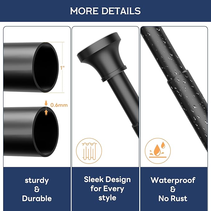 STARLATTA Adjustable Shower Curtain Rod 31-104 Inch, Never Rust Stainless Steel Black Tension Rod, 1" Heavy Duty No-Drill for Bathroom, Kitchen & Closet