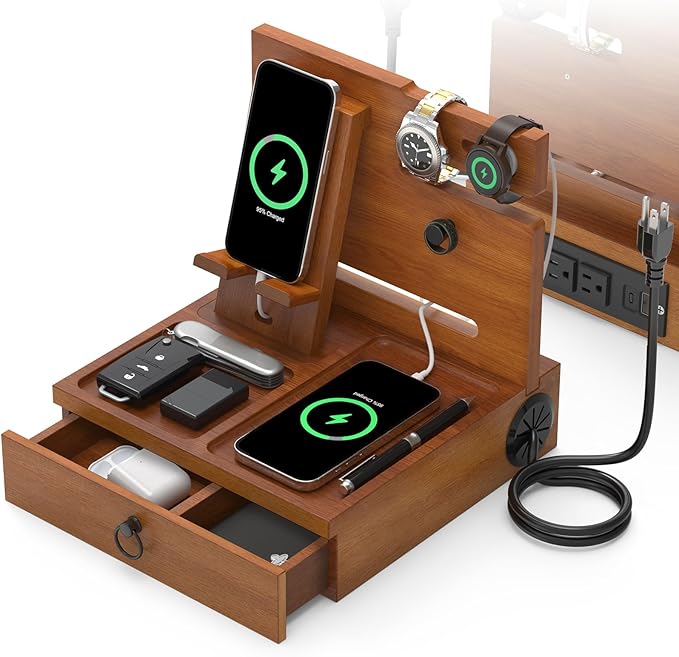 Wood Phone Docking Station with USB Ports and Outlets, Nightstand Organizer with Charging Station, Bedside Organizer with Drawer for Watch & Accessories, Christmas Anniversary Birthday Gifts for Men