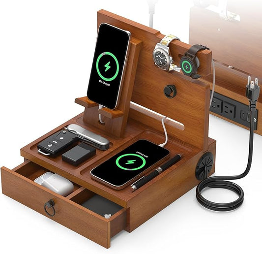 Wood Phone Docking Station with USB Ports and Outlets, Nightstand Organizer with Charging Station, Bedside Organizer with Drawer for Watch & Accessories, Christmas Anniversary Birthday Gifts for Men