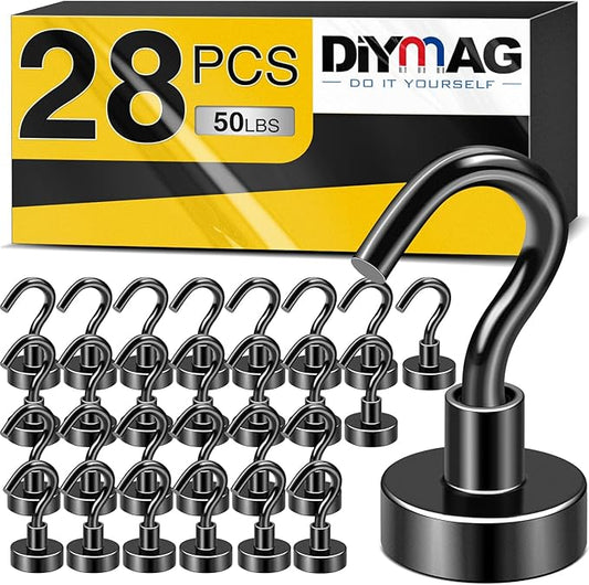 DIYMAG Magnetic Hooks, 28pack Magnet Hook Essentials Strong Heavy Duty Magnetics for Kitchen Refrigerator Hanging Classroom Cruise Cabins Accessories Hook Black