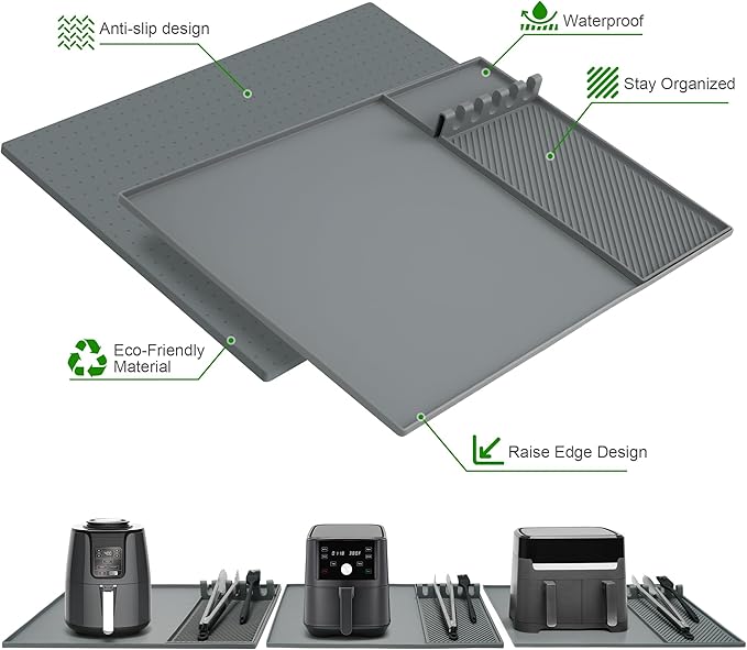 24x16 Inch Silicone Mat for Kitchen Counter, Kitchen Essentials and Gadgets - Silicone Air Fryer and Coffee Mat Set - Heat Resistant Mat for AirFryer, Microwave, Oven, Coffee Machine (Gray)