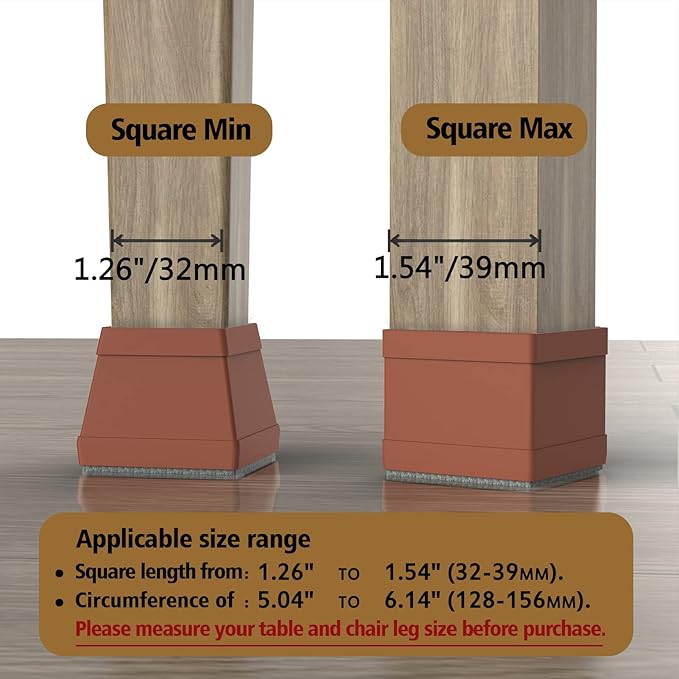 16 Pcs Square Chair Leg Protectors for Hardwood Floors, Silicone Felt Furniture Pads Non-Slip, Free Moving Table Leg Covers, Chair Protectors for Wooden Floors. Brown