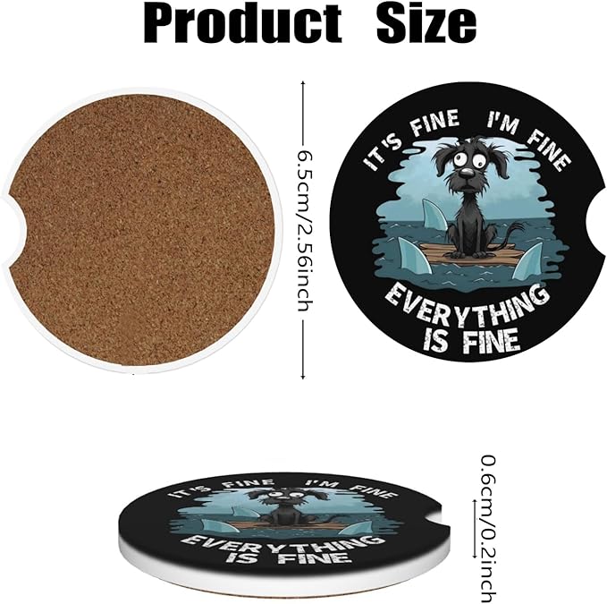 Car Cup Holder Coasters, 2 Pcs Ceramic Coasters with Cork Back and Finger Slot, Anti-Slip Shock Absorbing Women and Men Universal Car Accessories - Fine Dog
