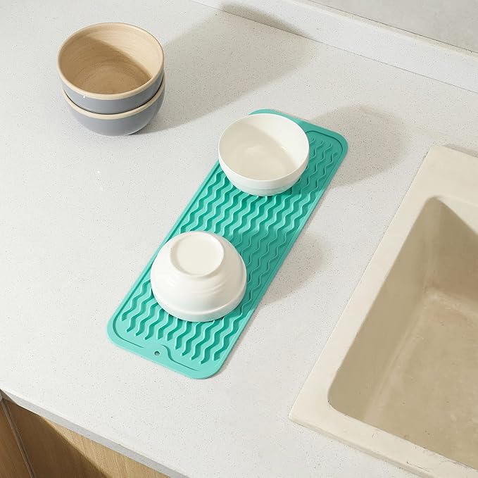 Silicone Dish Drying Mat for Multiple Usage, Easy clean, Eco-friendly, Heat-resistant Silicone Mat for Kitchen Counter, Sink, Bar, Bottle, or Cup Mint M 17 inches x 6 inches