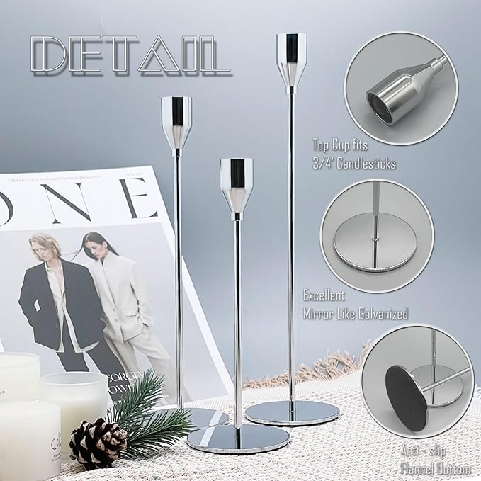 3Pcs Silver Candlestick Holders Set Fit 3/4" Tall Taper Candle Home Decorative Table Centerpieces for Family Dinning, Party Decoration
