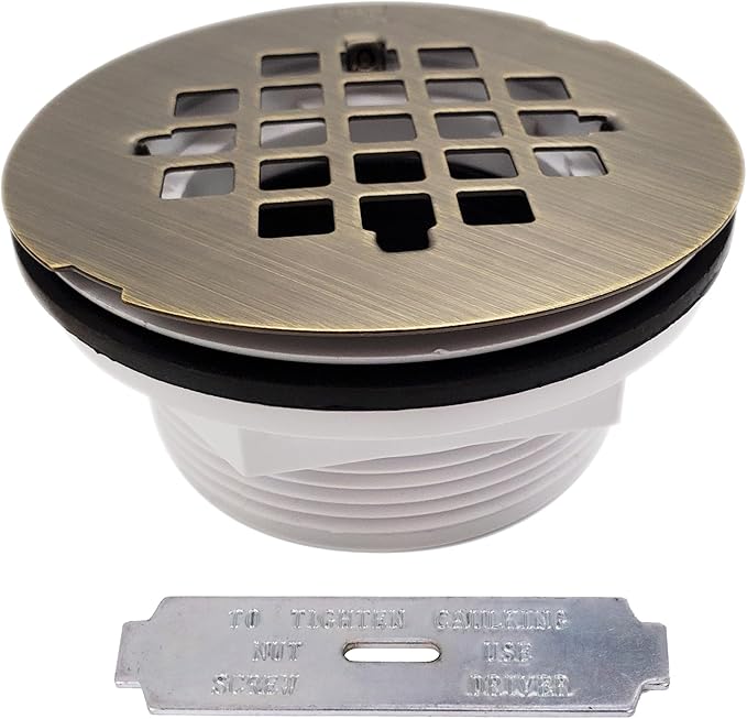 Westbrass A206P-06 2" No-Caulk PVC Compression Shower Drain with 4-1/4" Round Grid Cover, Antique Brass