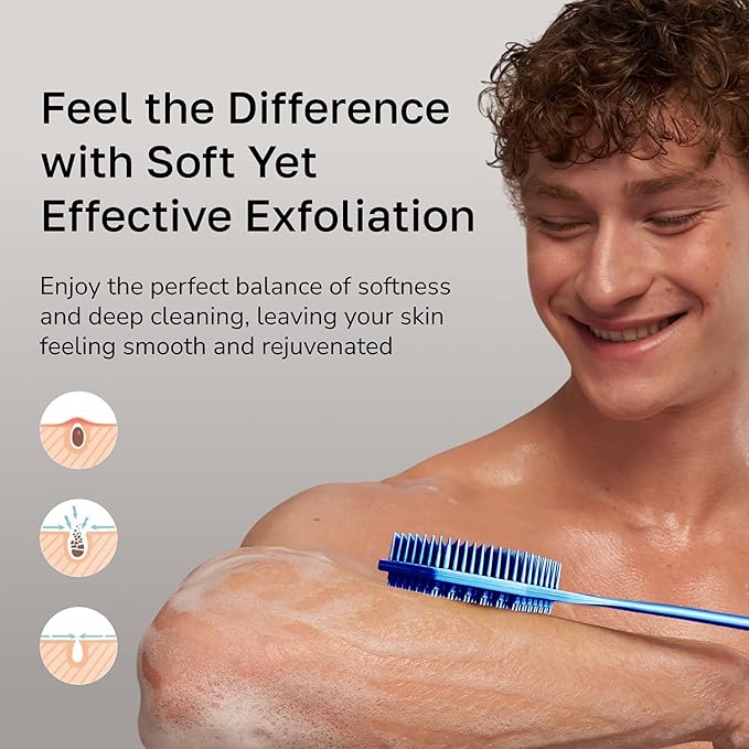 Silicone Back Scrubber with Long Handle - Octagon Body Brush for Shower, Bath, and Exfoliating - Skin Cleansing, Back Scrub and Gentle Silicone Sponge - Wash Your Body with Easy Reach - Blue