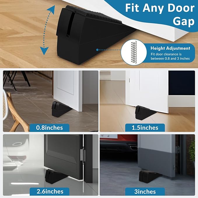 2 Pack Heavy Duty Door Stopper, Adjustable Spring Large Stopper, 3 Inches High Tall Wedge Stoppers for Bottom of Door, Door Stop Suits Any Heavy Door, Black
