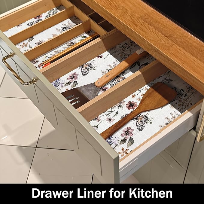 Floral Shelf Liners 16IN x 10FT Non Adhesive and Strong Non-Slip Shelf and Drawer Liners for Kitchen Cabinet Wire Fridge, Waterproof Shelf Drawer Liner,Easy to Clean