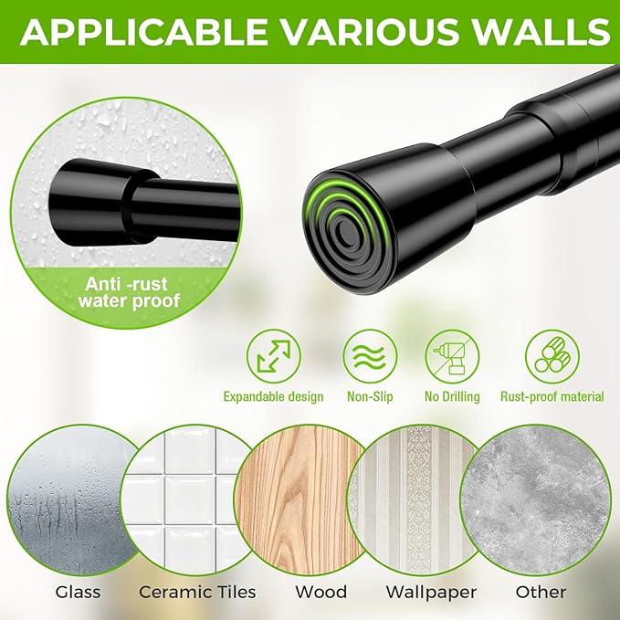 Spring Tension Rods 26-39 Inches Adjustable Black No Drill Spring Loaded Curtain Rod Small Short Tension Curtain Rod Expandable Tension Rod for Windows, Kitchen, Doorway, Bathroom, Cupboard Bars