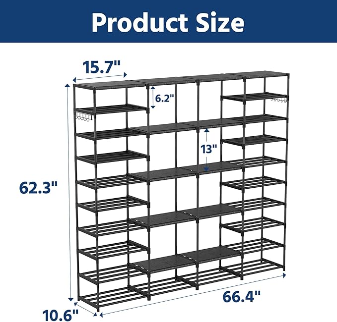Large Shoe Rack Organizer for Entryway Closet 72-80 Pairs 10-Tier Heavy Duty Tall Garage Shoe Rack Shoe Shelf Shoes Storage with Removable Side Hooks for Bedroom and Garage, Black