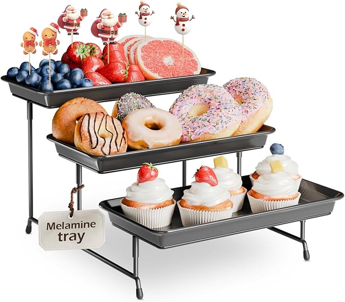 3-Tier Melamine Serving Tray Set, 11.5" x 5.6" Platters for Serving Food, Black Reusable Trays with Black Metal Display Stand for Cupcakes, Sevring Food, Dessert, Fruit, Cookie, Black