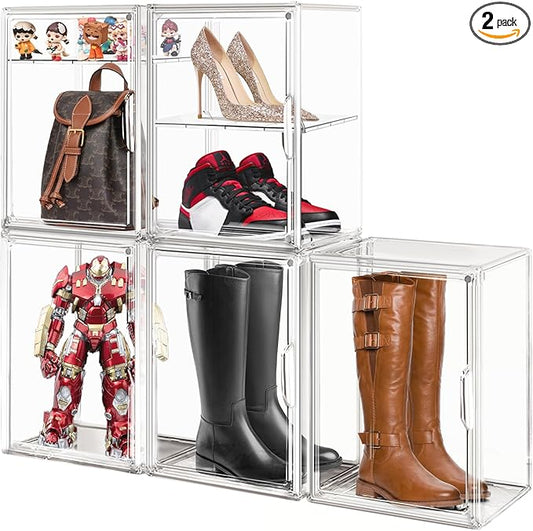 2 Pcs Shoe Display Case, XX-Large Tall Boot Storage Box Transparent Handbag Organizer for Closet Acrylic Shoe Box Clear Plastic Stackable Sneaker Collectibles Case with Detachable Divider