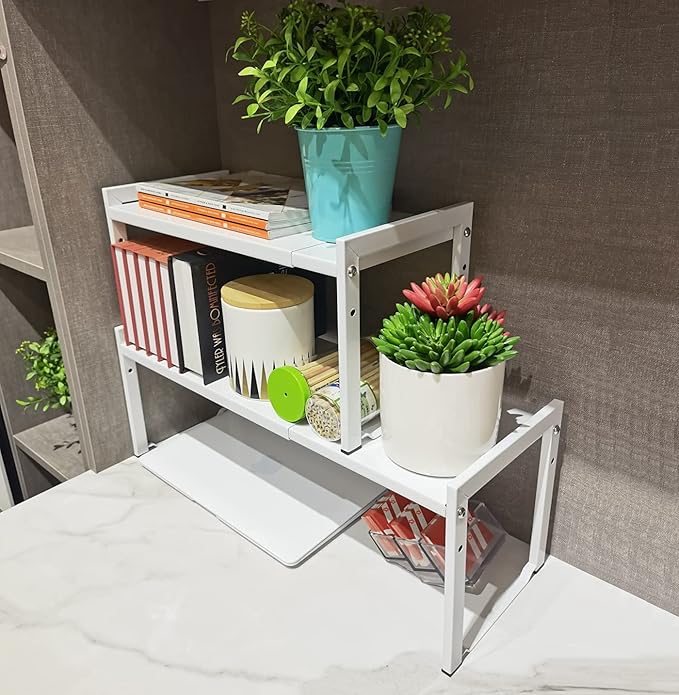 Expandable Cabinet Shelf Organizer 16-26" L Stackable Kitchen Counter Shelf Rack Stand Sink Riser Countertop Storage White (Normal 7.9"D)