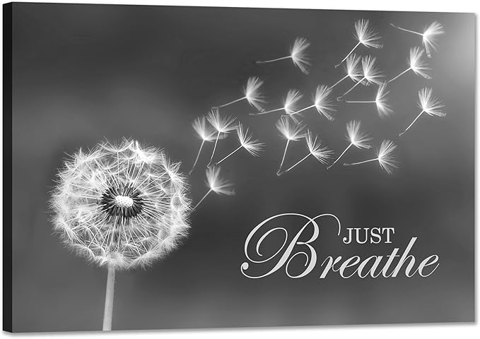 SKASNFAI Black and White Dandelion Zen Wall Art Canvas Just Breathe Motivation Positive Picture Art Print for Spa Yoga Meditation Wall Decor Ready to Hang (16L x 24W)
