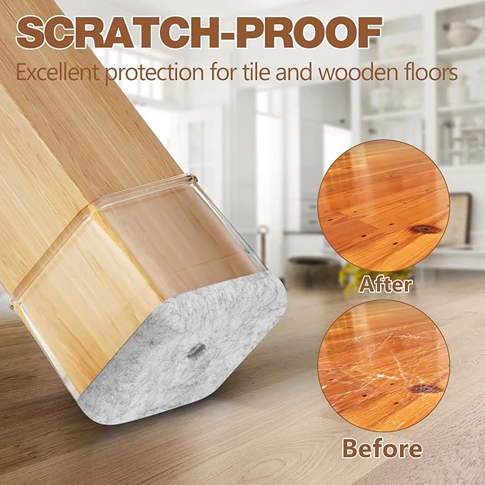 16Pcs Square Chair Leg Floor Protectors with Thickened Felt Pads Silicone Chair Leg Covers Caps to Protect Hardwood Tile Floors Furniture Feet Reduce Noise (Clear L Fit 1.14"-1.42")