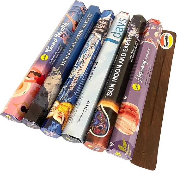Sreevani Incense Sticks Variety Pack #17 and Incense Stick Holder Bundle Gift Set with 6 Meditation Fragrances
