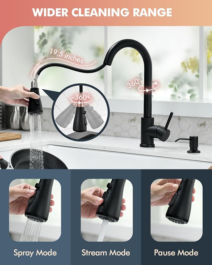VFAUOSIT Black Kitchen Faucet with Soap Dispenser, 3-Mode Kitchen Sink Faucet with Pull Down Sprayer Stainless Steel Single Handle Faucet One Hole Kitchen Faucets for Bar Laundry RV Utility Sink