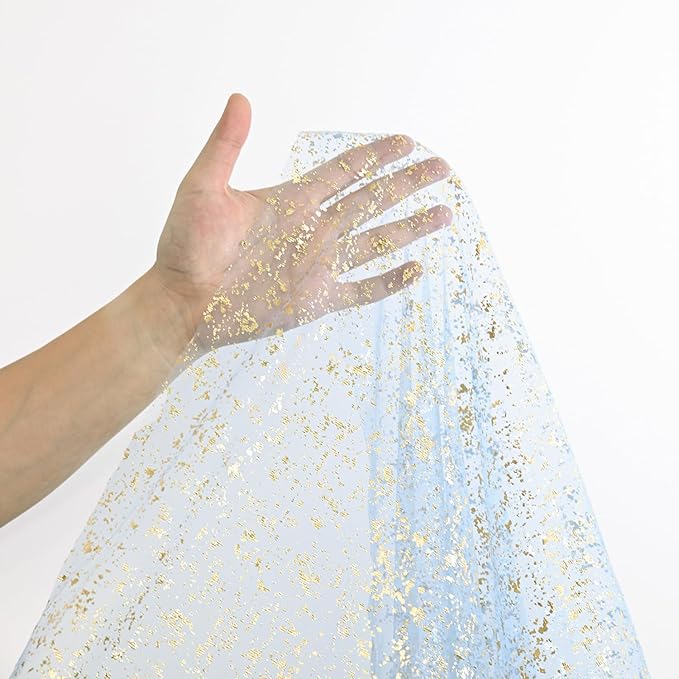 Horaldaily Blue Gold Gauze Tablecloth 60x104 Inch Rectangular, Golden Sequin Glitter Metallic Foil, Sheer Tulle Cheesecloth for Wedding Baby Shower Ceremony Birthday