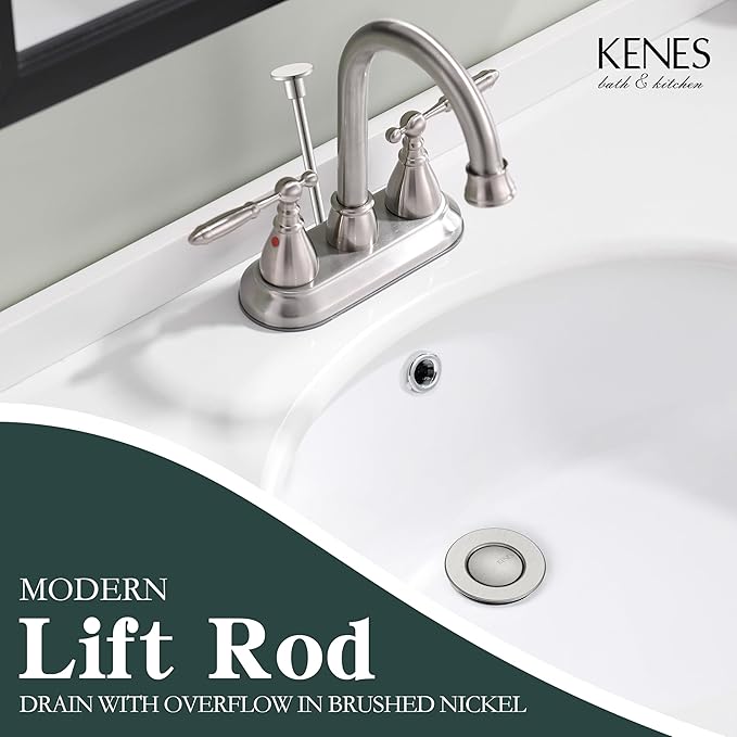 KENES Bathroom Sink Drain Stopper Assembly with Lift Rod, Brushed Nickel Sink Drain with Overflow, Lavatory Pop Up Drain Assembly for Bathroom Vanity Sink, LJ-P701