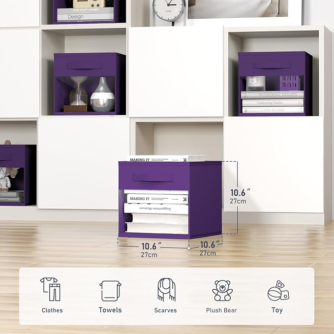 DIMJ Storage Cubes, Cube Storage Bin, 8 Pack Foldable Baskets with Window, Closet Storage Bins with Handle, 11x11 inch Storage Cubes for Clothes, Toys, Books (Purple)