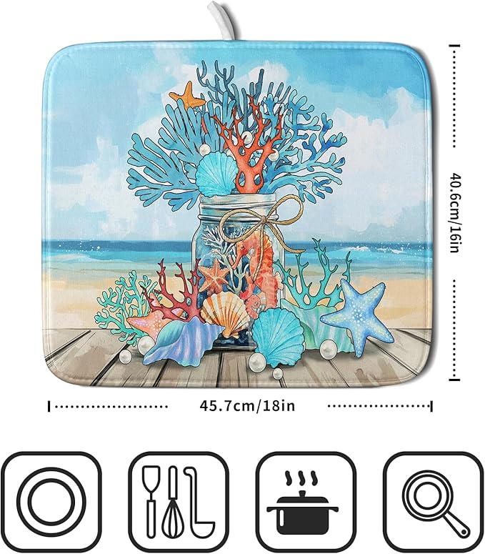 Coastal Coral Dish Drying Mat 16x18 inch Starfish Shell Fast Dry Microfiber Dish Rack Mats Drainer Pad for Countertop Kitchen Table Decor