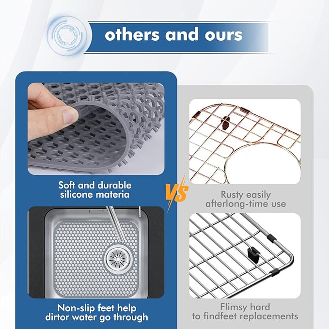Silicone Kitchen Sink Protector Mat with Rear Drain - 13.58''x 11.6'' Kitchen Sink Accessory, Folding Non-Slip Heat Resistant Mat Grid for Bottom of Stainless Steel Porcelain (Rear Hole)