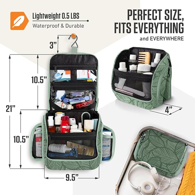 VENTURE 4TH Hanging Travel Toiletry Bag for Women & Men – Large Toiletry Organizer with 17 Compartments, Removable TSA Pouch, Travel Wash Bag for Toiletries, Makeup & Shaving Kit (Green Leaves)