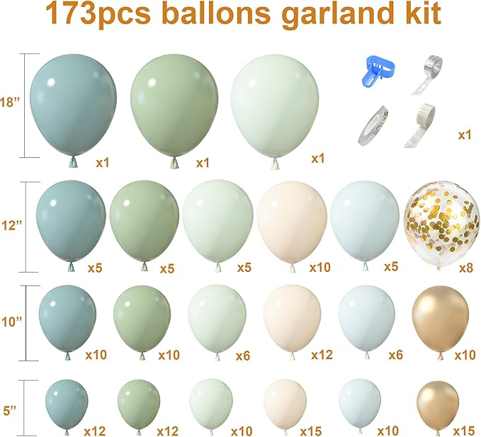 Amandir 173Pcs Dusty Blue Green Balloon Garland Arch Kit, Haze Fog Blue Ash Mist Sage Green Sand White Gold Confetti Balloons for Wedding Bridal Boho Birthday Party Backdrop Decorations