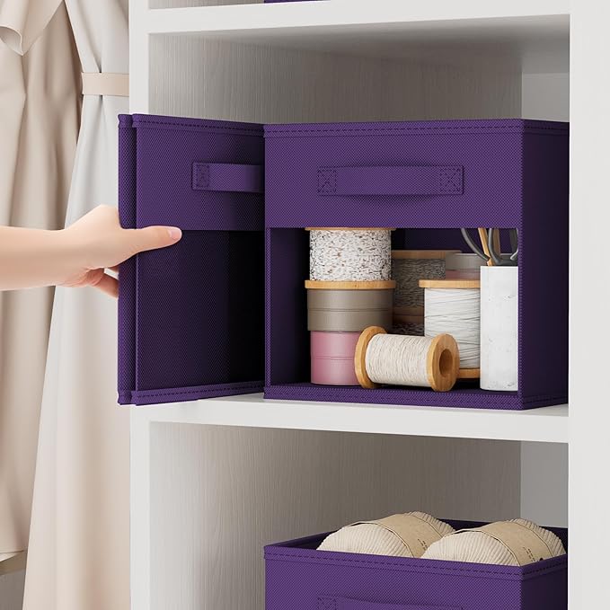 DIMJ Storage Cubes, Cube Storage Bin, 8 Pack Foldable Baskets with Window, Closet Storage Bins with Handle, 11x11 inch Storage Cubes for Clothes, Toys, Books (Purple)