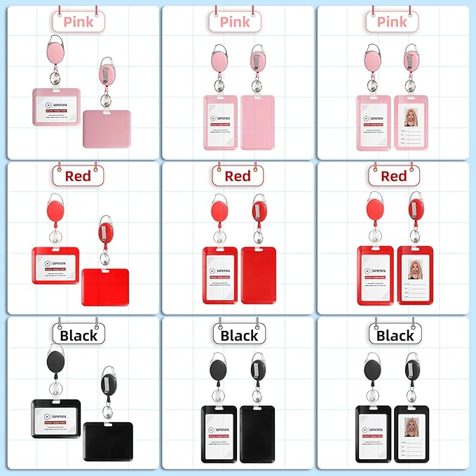 ID Badge Holder with Clip Badge Reels Retractable Heavy Duty Id Card with Carabiner Badge Reel with 24 inches Pull Cord for Office, School, Factory, Teacher (Red, Horizontal)