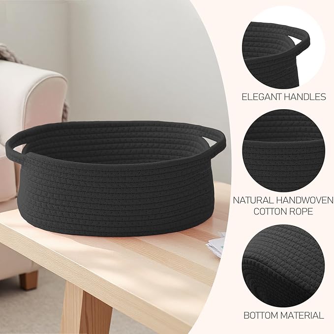Woven Basket,Small Rope Storage Bin with Handles & Ribbon Bag, Organizer for Shelves Closets,Gift Basket Empty for Birthday,Books,Dog Toys, Black/3 Pack