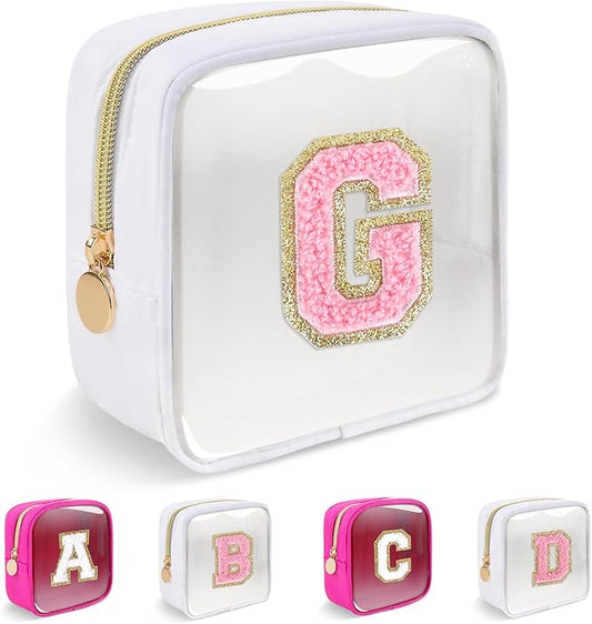 Personalized Initial Letter Clear Preppy Makeup Bag,Mini Nylon Chenille Letter Cosmetic Bag Cute Zipper Pouch Purse for Teen Girls,Portable TSA Approved Beach Travel Essentials Bag Gift for Women,G